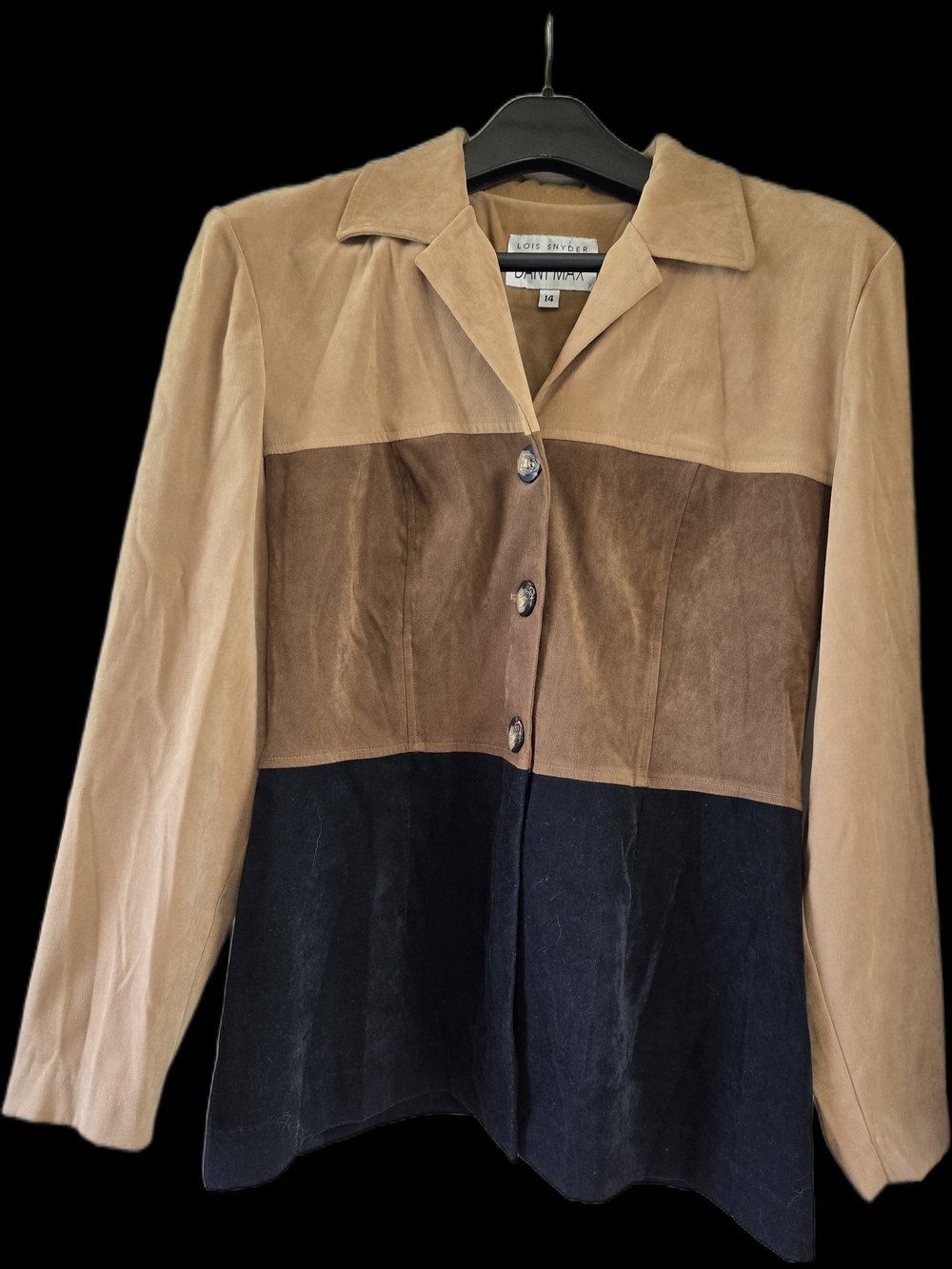 Dani Max Colorblock Tri-tone Suede Button-Front Jacket - Beige Brown Black. Sz14